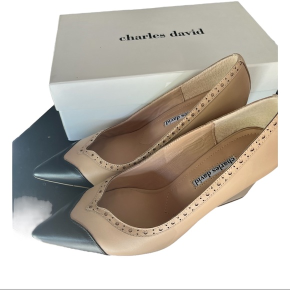 CHARLES DAVID Alanna Brogue Pointed Toe Pump In Nude-black-le Size:8.5 - Picture 4 of 5